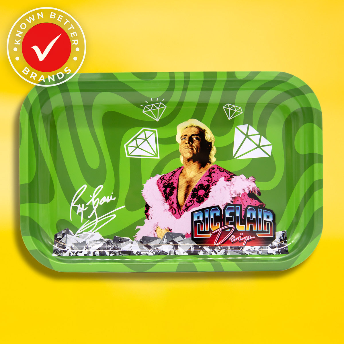 Green Ric Flair Drip Pink Boa Diamond Sky Rolling Tray - Opulent Nature Boy Design, Lightweight Aluminum, Functional and Stylish, Official RFD Product, Multiple Sizes Available