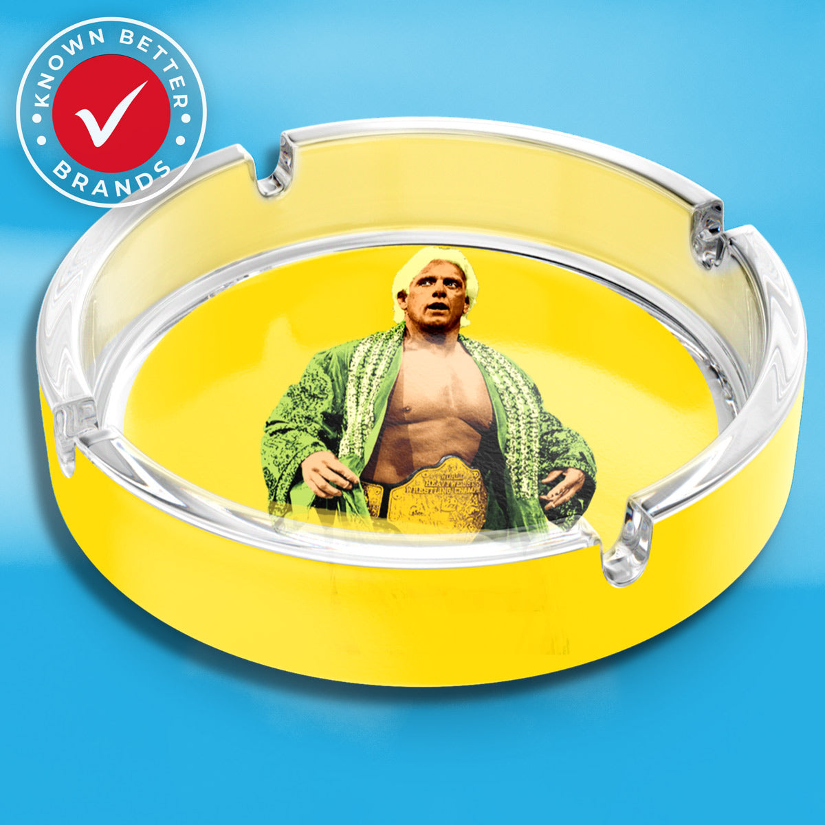 Ric Flair Drip Champ Ash Tray by Known Better Brands - Stylish and Vibrant Yellow Smoking Accessory featuring the World Champion Himself - Perfect 4" Diameter with 4 Corner Holes for Your Smoking Pleasure - Official RFD Licensee - Elevate Your Lifestyle with Flair