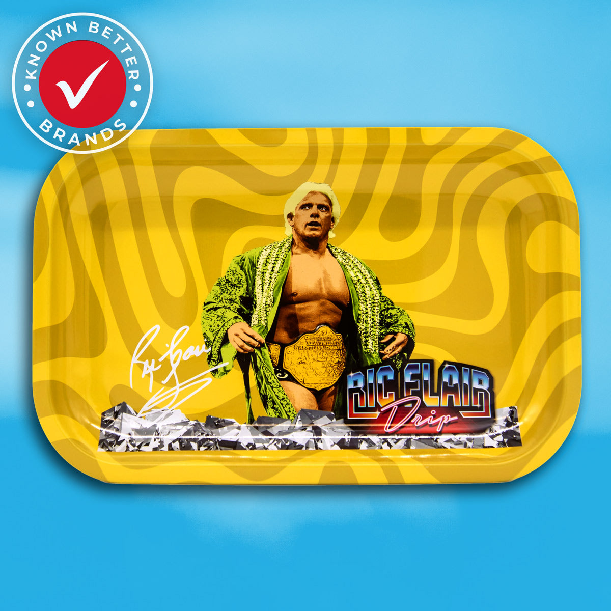 Champ Rolling Tray – Ric Flair Drip. Nature Boy charisma, exclusively from Known Better Brands. Enhance your sesh with Big Ric Energy! Official RFD Product with multiple size options.