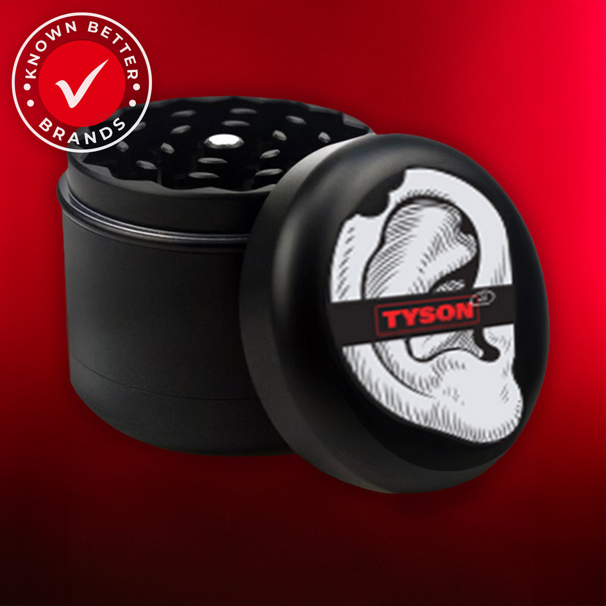 TYSON 2.0 Bitten Ear Grinder - Black grinder featuring a ear with a chunk missing design, a playful no when mike tyson bit holyfield's ear in 1997. 4 piece weed grinder