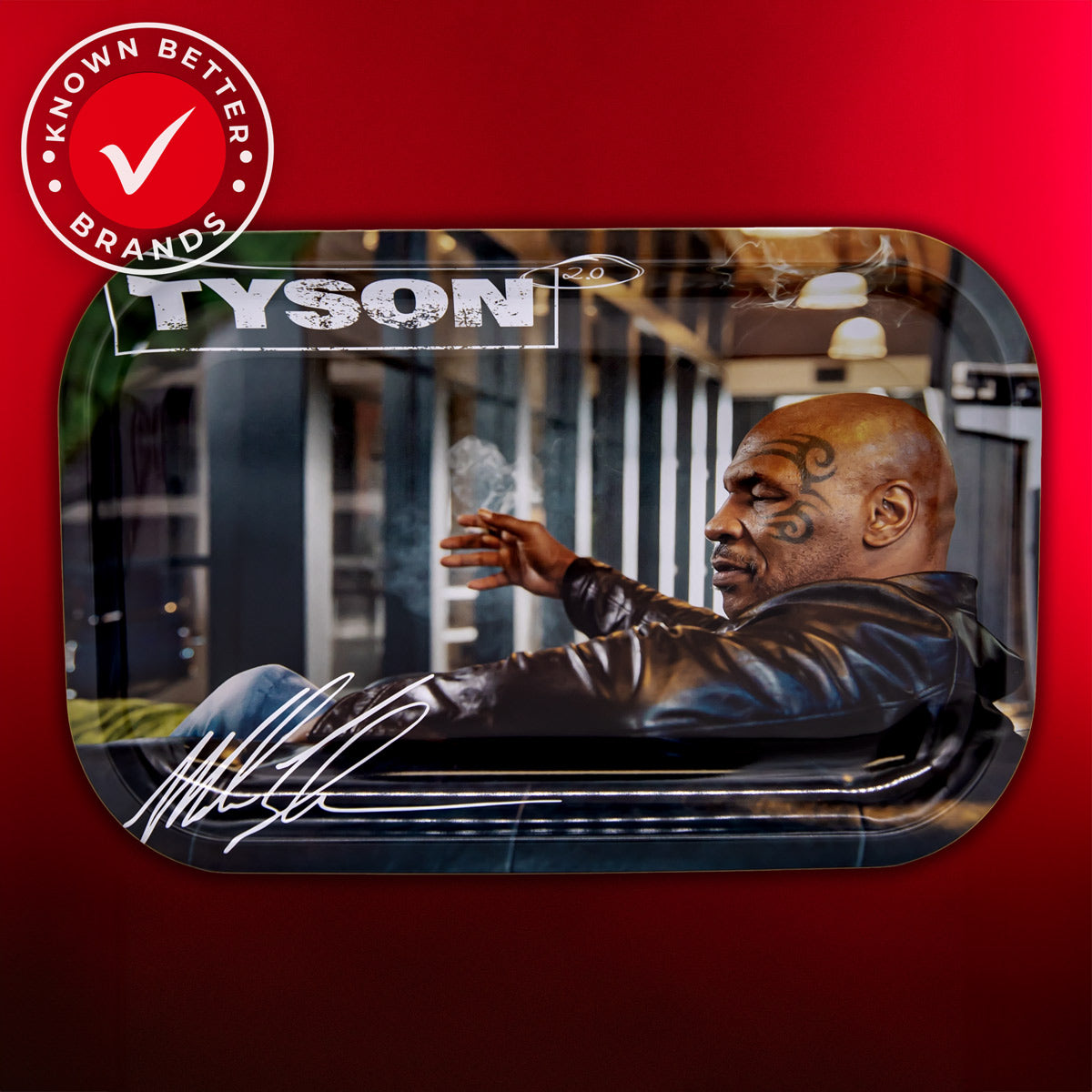Tyson 2.0 Metal Rolling Tray | Lounge Edition – Elevate your rolling experience with this premium creation by Mike Tyson. Crafted with luxurious craftsmanship from lightweight aluminum for the perfect blend of sophistication and practicality. Designed for herb preservation, featuring raised sides and smooth, rolled edges. An artistic tribute to cannabis culture with an iconic portrayal of Mike Tyson. Available in two sizes – small (7" x 5.5") or medium (10.75" x 6.25").