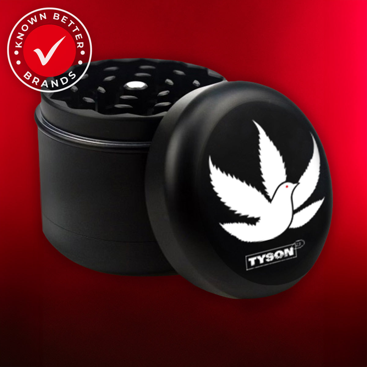 TYSON 2.0 Pigeon 4 Piece Weed Grinder - Black grinder featuring a white bird with wings spread in a weed leaf