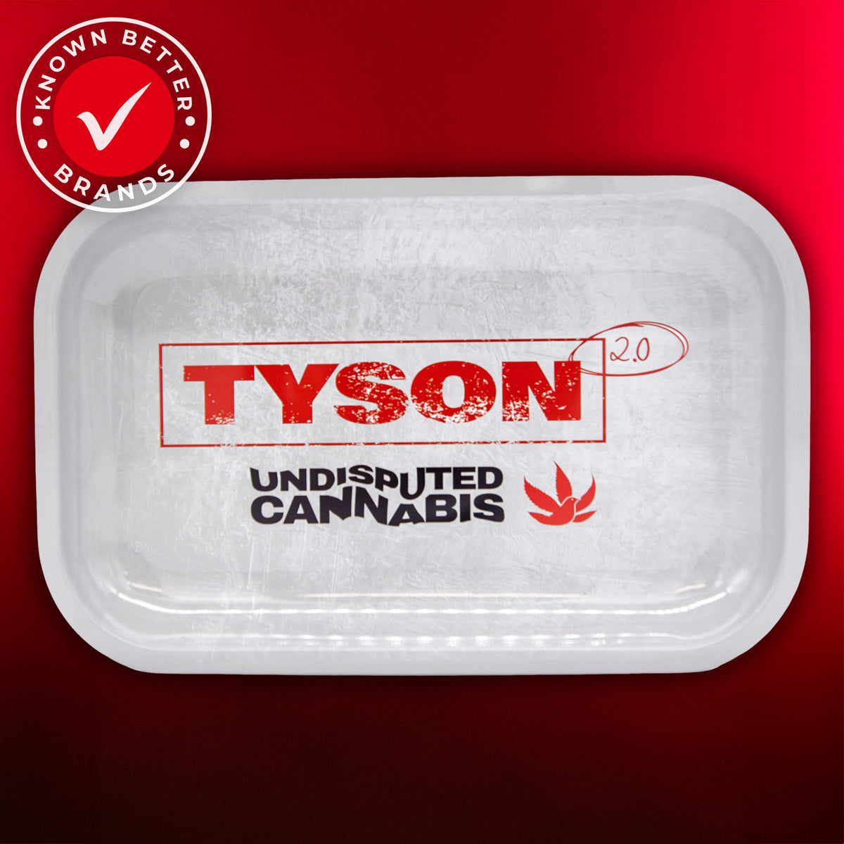 White Unidsputed Cannabis Rolling Tray by TYSON 2.0 features a red tyson 2.0 logo, pigeon bird weed logo