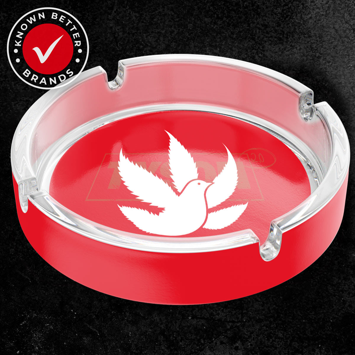 TYSON 2.0 Pigeon Ashtray in red features a dove-like bird spreading it's wings into a weed leaf array
